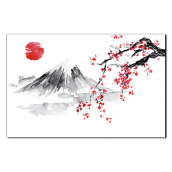 Obraz na plátně - Tradiční sumi-e obraz: sakura, slunce a hory