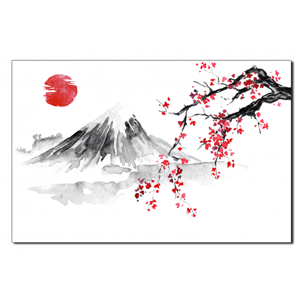 Obraz na plátně - Tradiční sumi-e obraz: sakura, slunce a hory